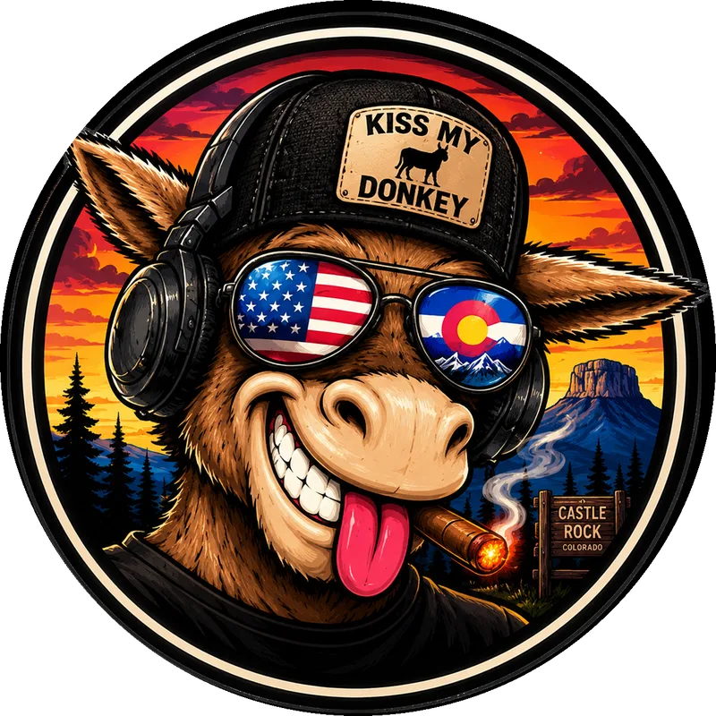 The Jack Sass — a grinning donkey in headphones, flag aviators, and a Kiss My Donkey cap, cigar lit, Castle Rock behind him